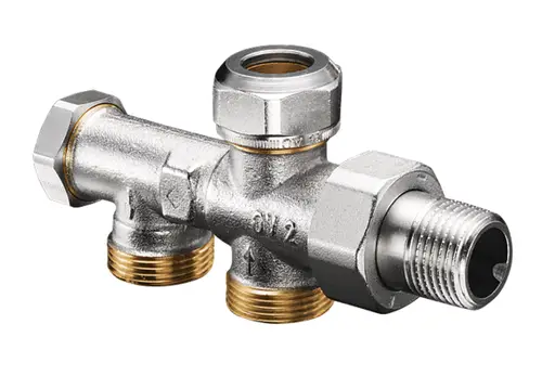 Oventrop Anschlussstück mit mehreren Ausgängen und Absperrfunktion, aus Metall mit Messingverschraubungen, geeignet für die Heizungsinstallation.